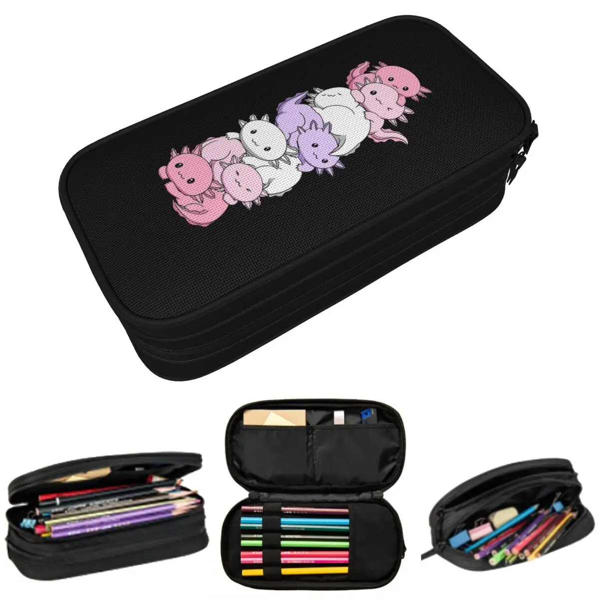 Colorful Axolotl Stacked Together Pencil Case for Studen School Pen Box Pencil Bag Stationery Supplies Pen Holder Bag