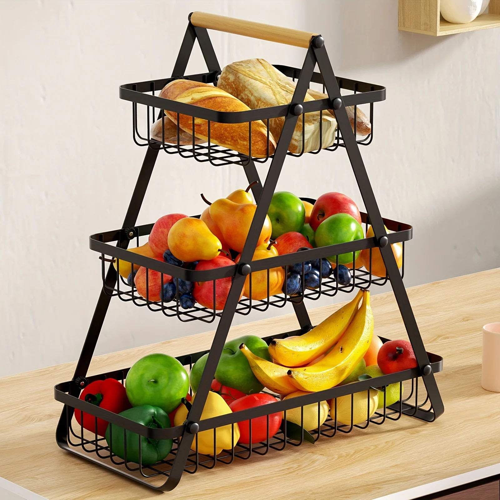 1pc Fruit Basket Fruit Bowl Bread Basket Vegetable Holder for Kitchen Storage, Detachable Metal Wire Basket With Wooden Handle