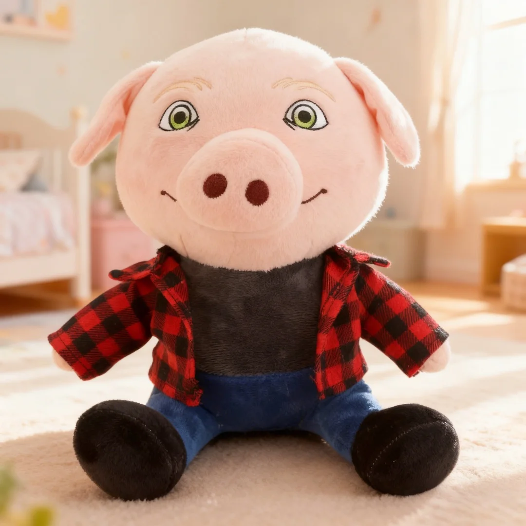 Funny John Pork Plush Toy Soft Stuffed Animal Plushie Pig with Plaid Shirt Birthday Xmas Halloween Gift for Kids Home Decor