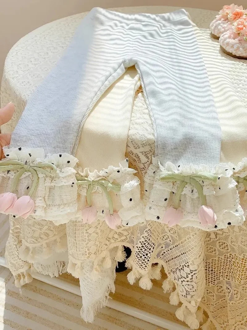 Niedliche Polka-Dot-Spitzen-Tulpenhose für Mädchen Herbst Vielseitige Oberbekleidung Trendige Lange Leggings Anderes Material