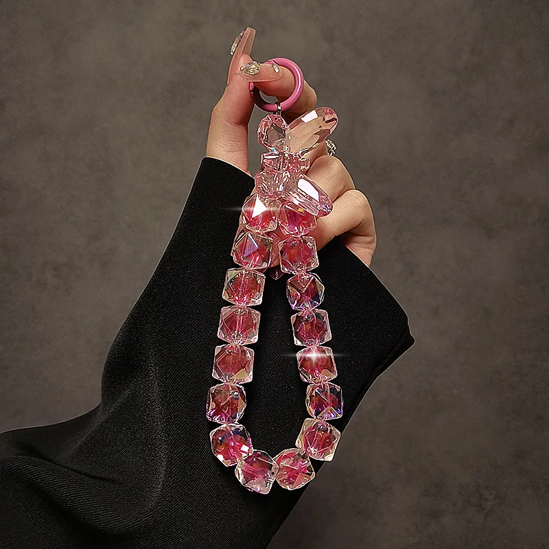 

New Luxury Crystal Phone Lanyard Shiny Acrylic Bow Phone Charms Short Wrist Chain Handmade Beading Hanging Chain Bead Pendant