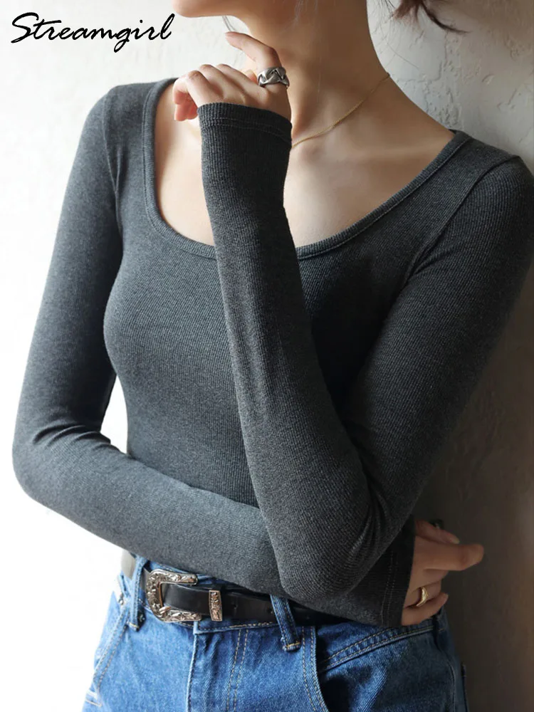 Basic Long Sleeve T-shirt Women Elastic Solid Slim Fit Casual Top Tees Spring Big Neck Tshirt For Eomen Pullovers Coffee 2025