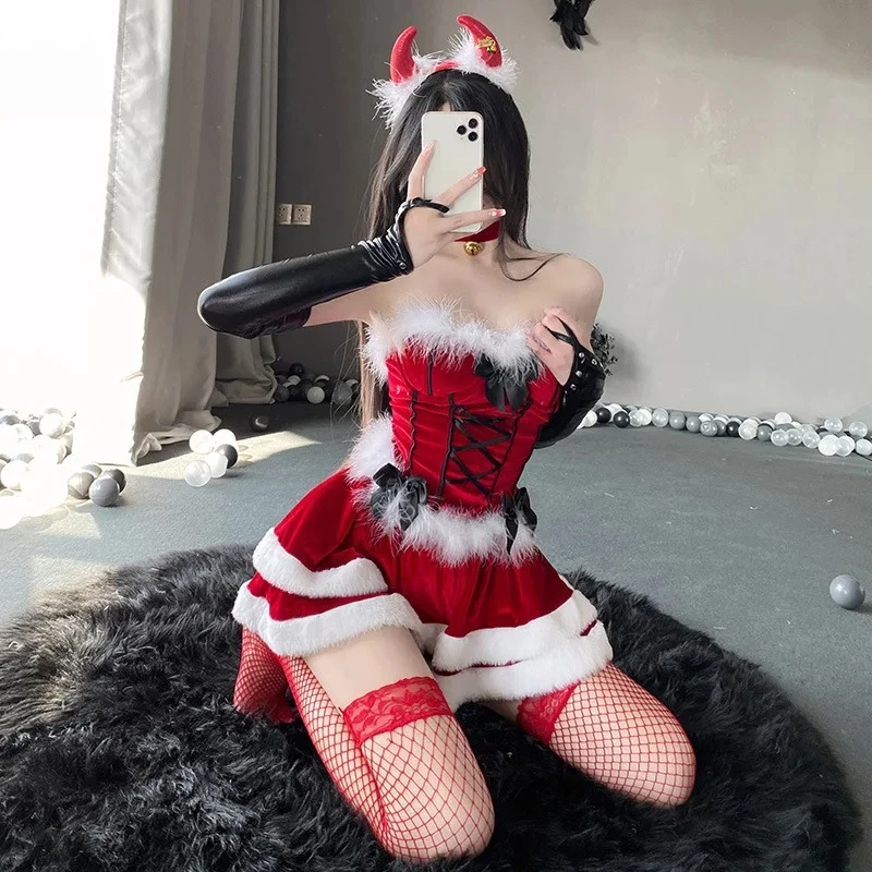 

Christmas Devil Style Women's Sexy Corset Dress Outfit - Horns & Fur Trim with Fishnet Stockings | For Christmas Parties