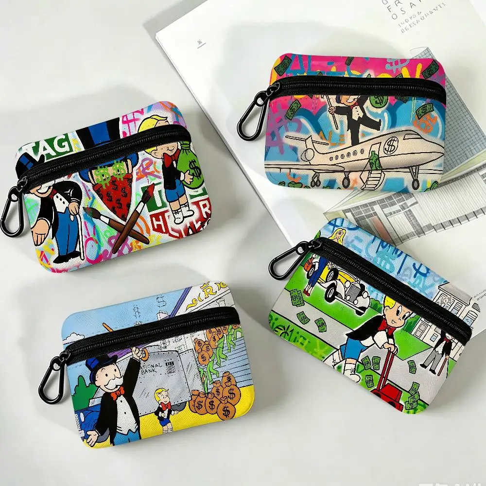Rich Man Game Monopoly Dollar Cartoon Oxford Coin Wallet Detachable Carabiner Hook Compact Storage Bag For Outdoor Shopping