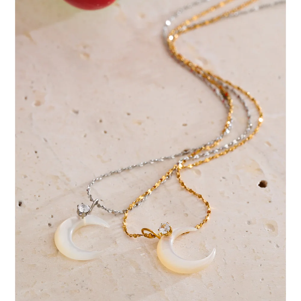 Yhpup Waterproof Shell Zircon Moon Chic Necklace Pendant Stylish Unique PVD Plated Charm Delicate Korean Jewelry Wholesale