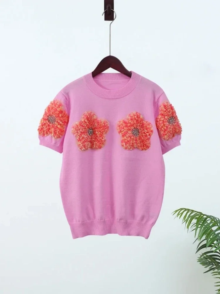 2024 Fashion Women 3D Flower Knitted Sweater Elegant Lady O Neck Short Sleeved Pullover Tops Chic Female Commute Street Outfits