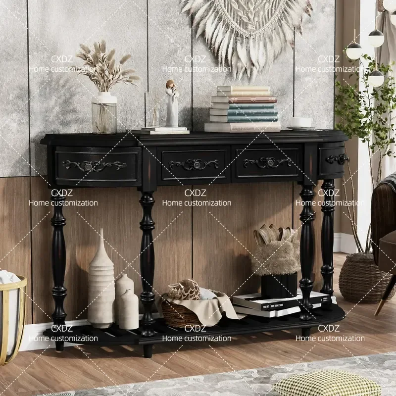 Retro Solid Wood Carved Flower Entrance Table Hallway Cabinet Small Apartment Home Decor Storage Console Corridor Partition