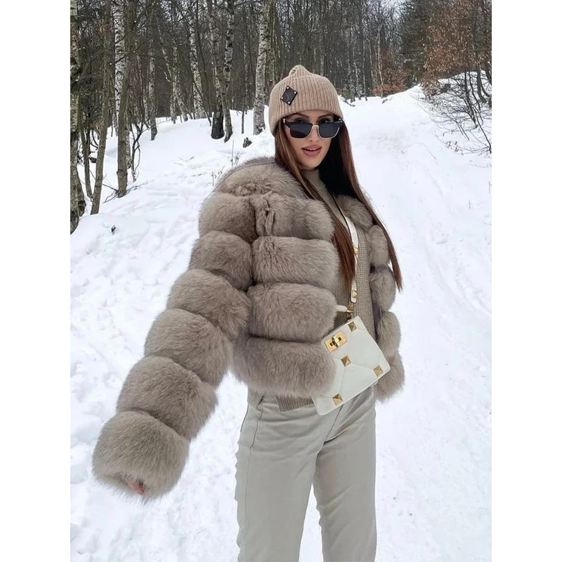 Faux Fur Short Coat Women Cropped Long Sleeve Artificial Fox Fur Jacket Women Winter Fluffy Top Thick Warm Furry Fur Outwears