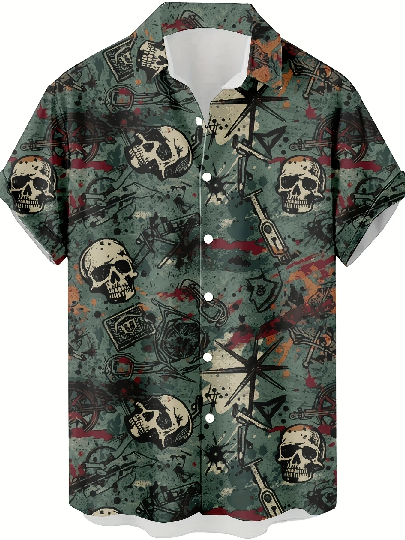 2026 Summer Men's Shirt with Skull Pattern Breathable and Lightweight Casual Roller Skating Hip-Hop Men's Clothing