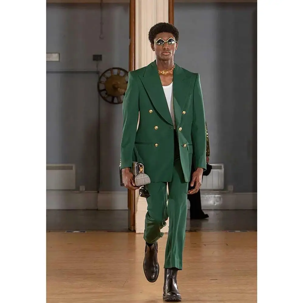 Straight Large Lapel Double Breasted Green Men Suit Two Pieces Fashion Hot Sell Male Set Daily Business Jacket &Black Pants