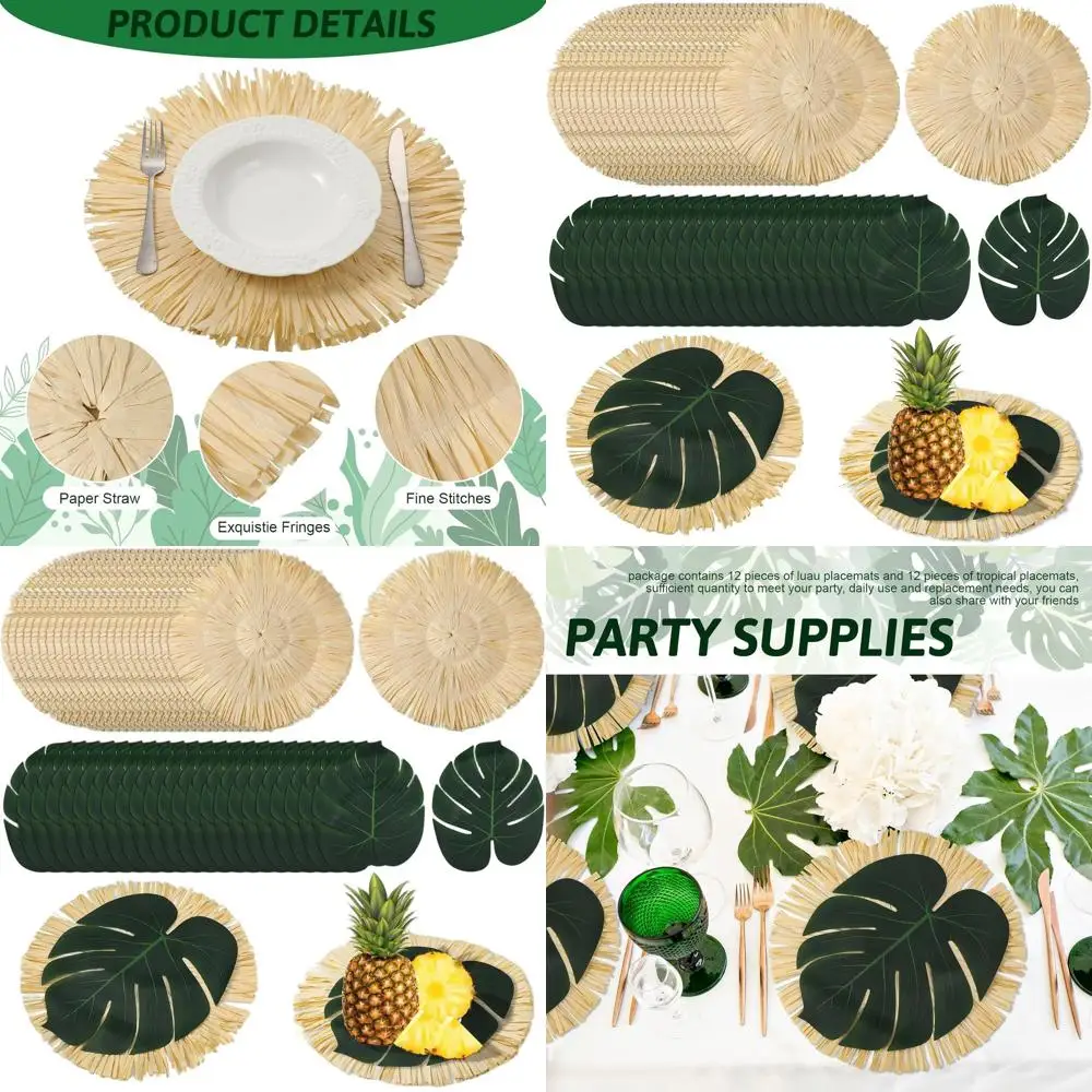 

Summer Luau Tropical Palm Leaf Placemats & Coasters, Round Hawaiian Tassel Table Mats for Tropical Party Supplies