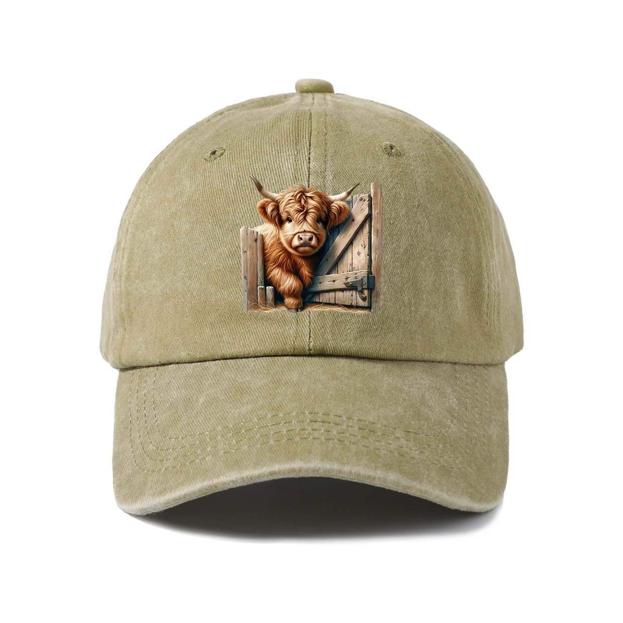 Highland Cow in Barn Window Graphic Vintage Washed Baseball Cap, Adjustable Unisex Dad Hat for Men and Women