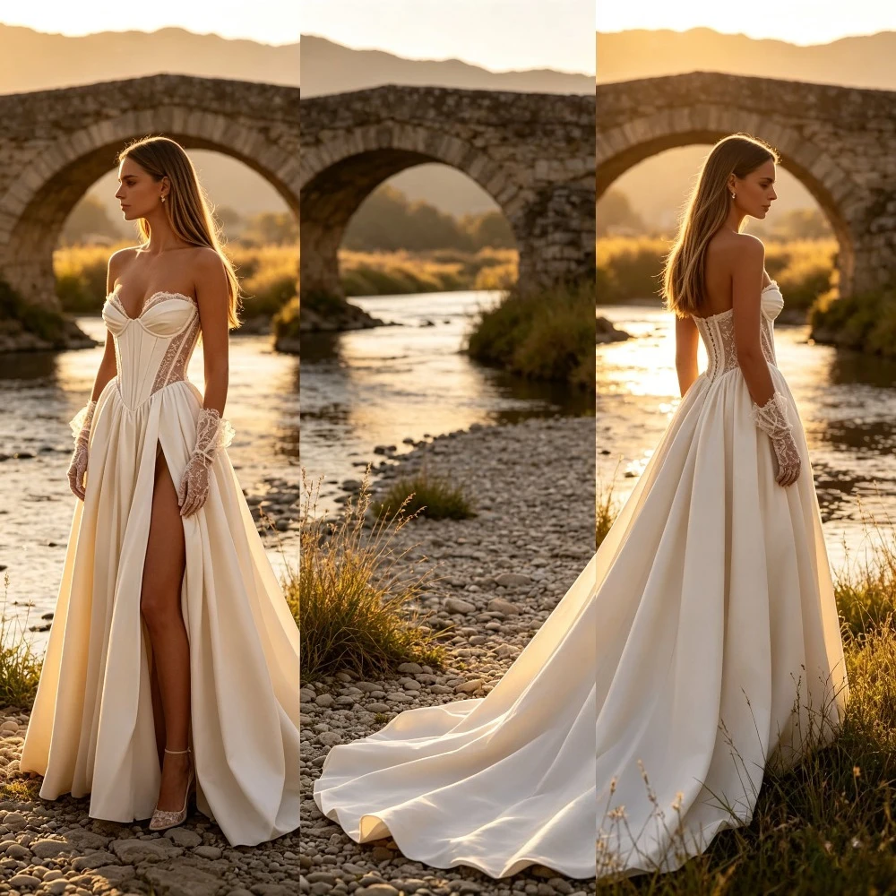 Customized Vintage Romantic City Elopement Bridal Gowns Strapless Sweetheart Satin A Line Sheer Corset High Slit Wedding Dresses