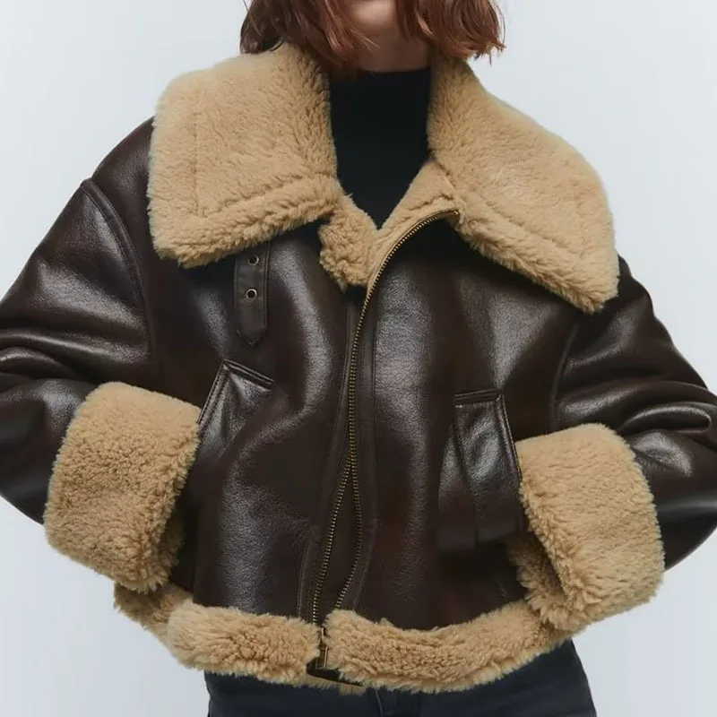 Winter Koreaanse Dikke Warme Faux Lamswol Leren Jas Vrouwen Korte Motorjas Beige Bruine Revers Lange Mouw Dames Outwear