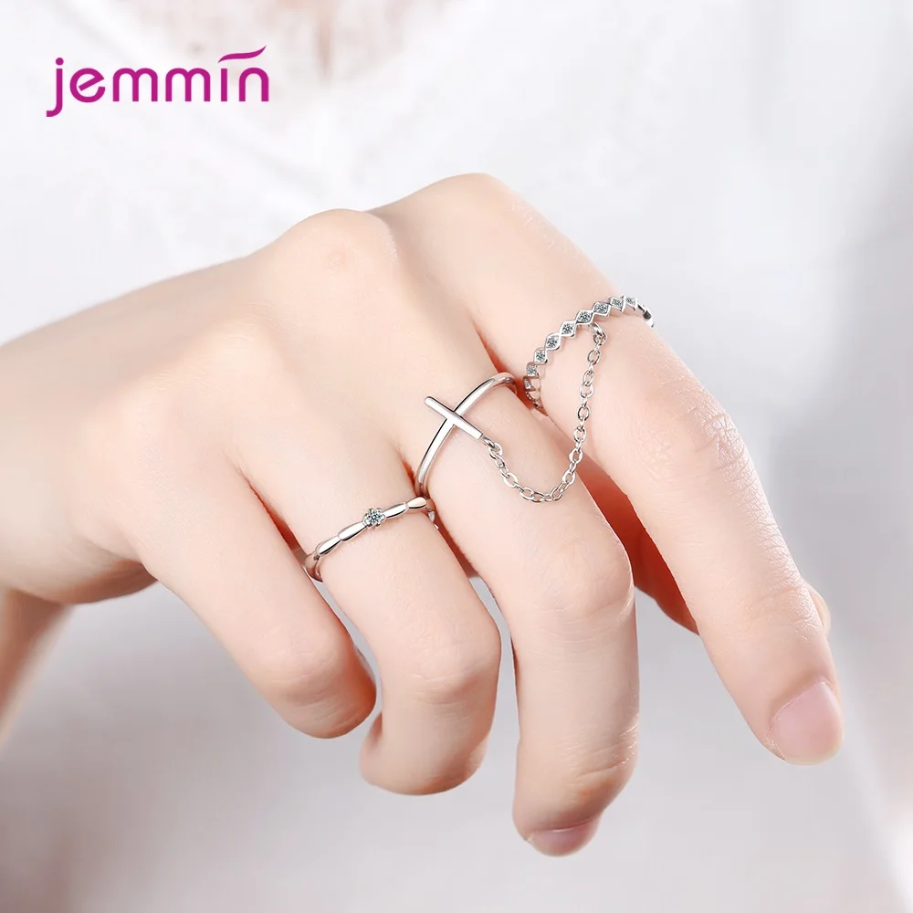 New Arrival 3PCS European Open Cross Ring Set For Women Girls 925 Sterling Silver Zircon Chain Knuckle Joint Ring Party Jewelry