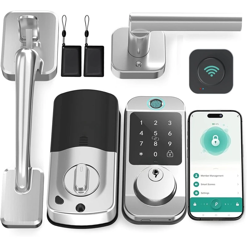 

Keyless Entry Door Lock Deadbolt with Handle Set Keypad Bluetooth Alexa Deadbolt Lockset with Auto Lock Code Fob App Silver