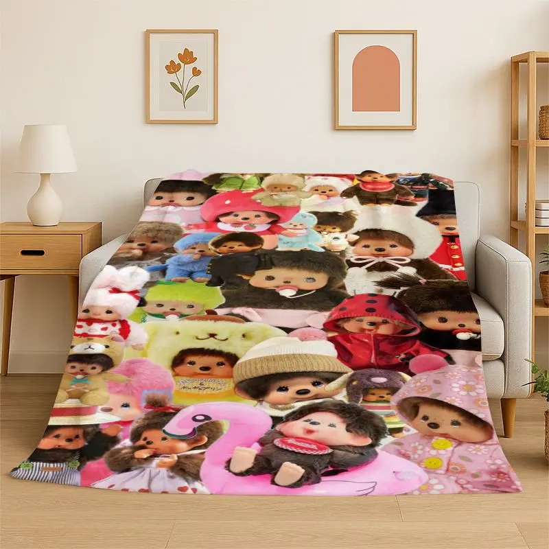 HD M-Monchhichi Cute Cartoon Monkey Holiday Flannel Blanket Soft Throw Blanket for Bedroom Living Room Bed office Picnic Gift