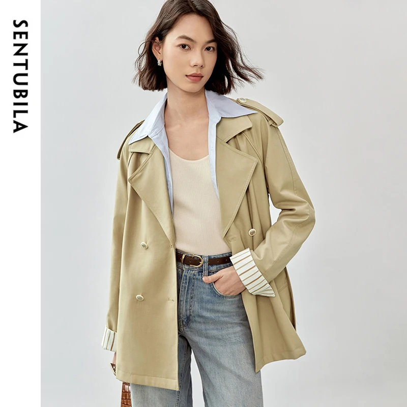 

SENTUBILA Korean Style Loose Fit Trench Coat for Women 2024 Autumn Patchwork Cuffs Double Breasted Sashes Overcoat 143F53269X