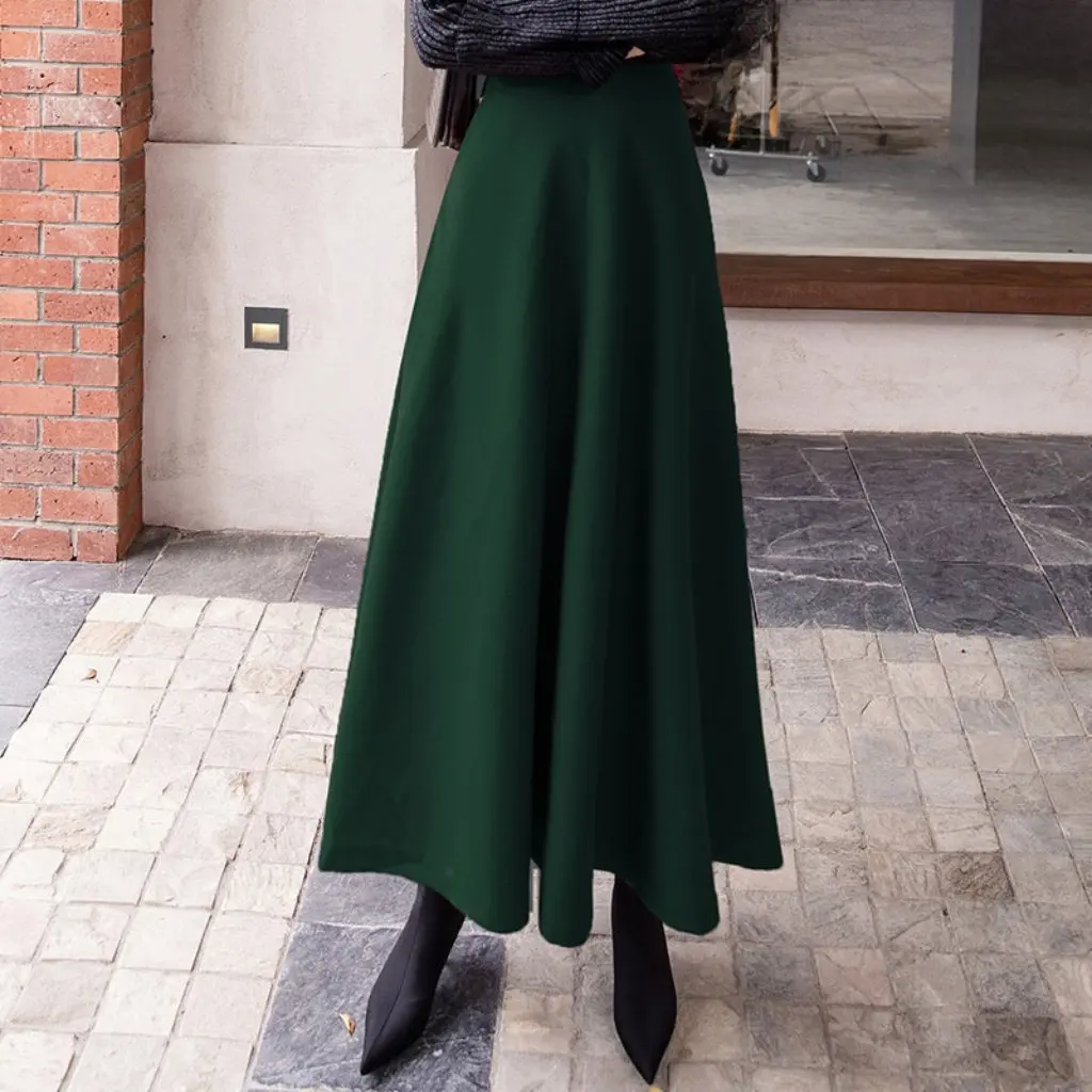 

Women's High Waist Solid Color Woolen Skirt Autumn Winter A-Line Dress Versatile Commuter Large Swing Independent Station