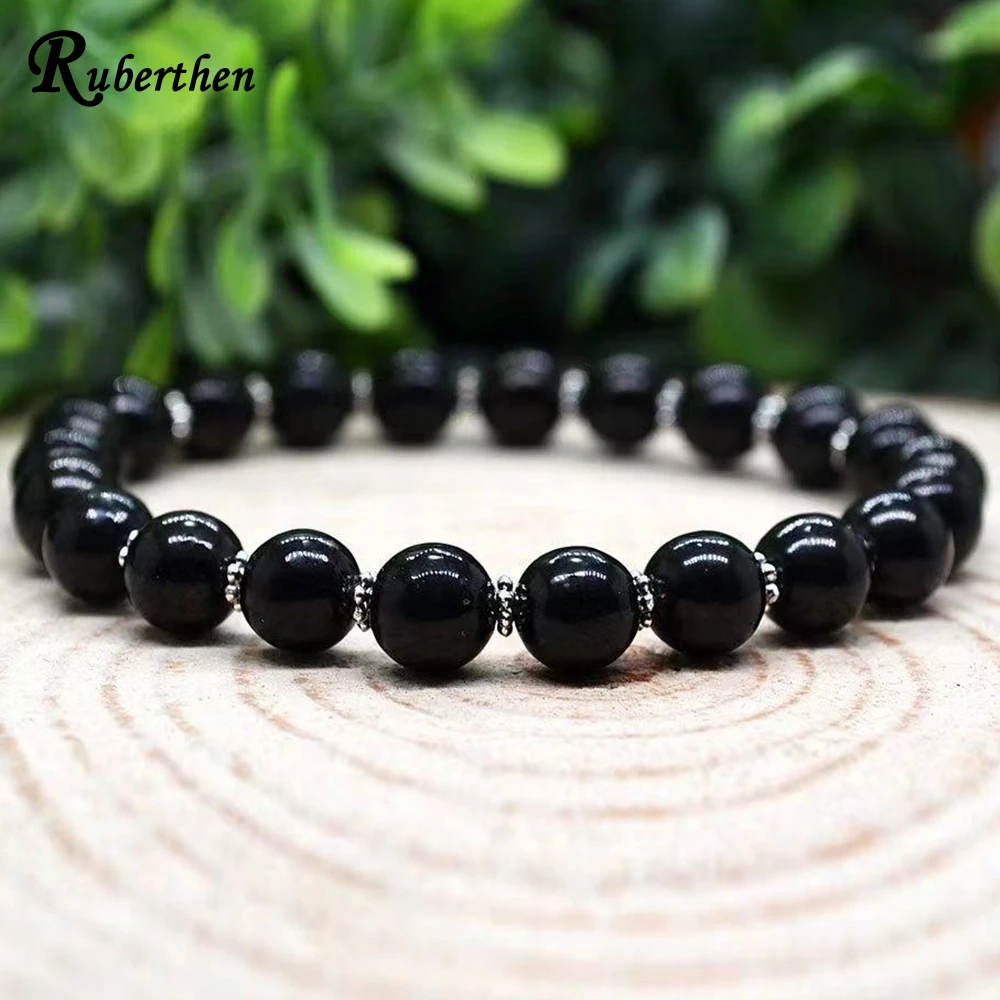 Ruberthen 8 MM AAA Grade Black Tourmaline Bracelet Womens Mens EMF Energy Protection Jewelry