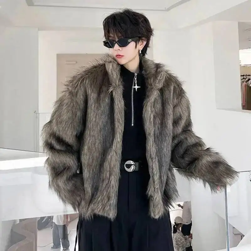 Korean Style Men's Faux Fur Jackets Solid Color Turn-down Collar Casual Single Breasted Winter All-match Male Coats 9XTA1R