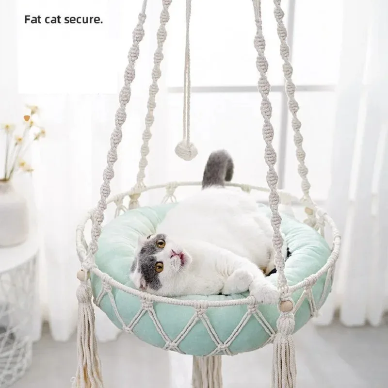 

Cat Hammock Hanging Cat Bed Hammock Handwoven Tassel Boho Cat Swing Bed With Cotton Mat for Sleeping Playing Climbing Lounging