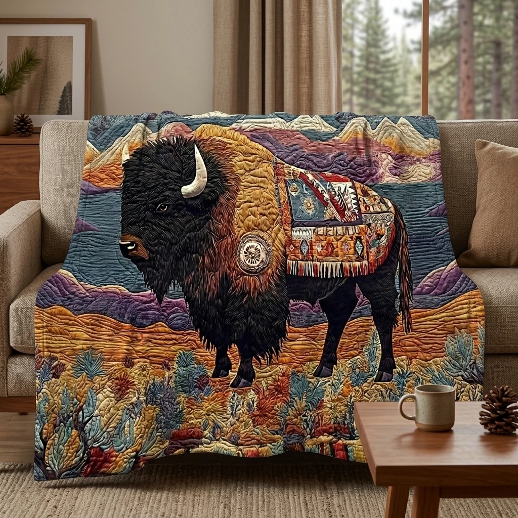 1PC Bohemian Bison with Desert Flora & Peaks Thick Flannel Blanket, Soft Warm Portable Throw, Perfect Gift for Adults Boys Girls