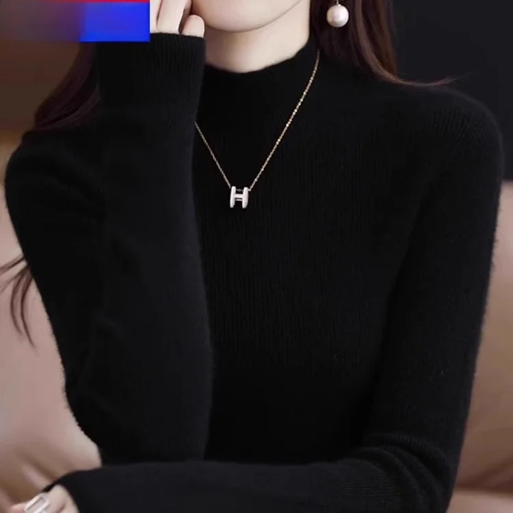 

Winter 2024 Women's Slim Fit Cashmere Sweater Black Knitted Wool Thickened Base Layer Shirt Korean Style Commute Fashion
