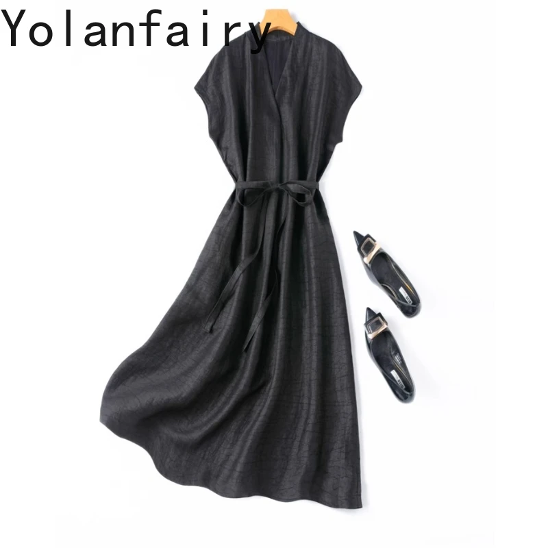 YOLANFAIRY High-end Gauze Silk Summer Dresses 2025 Woman Loose V-neck 100% Mulberry Silk Black Dress Lace-up vestidos para mujer