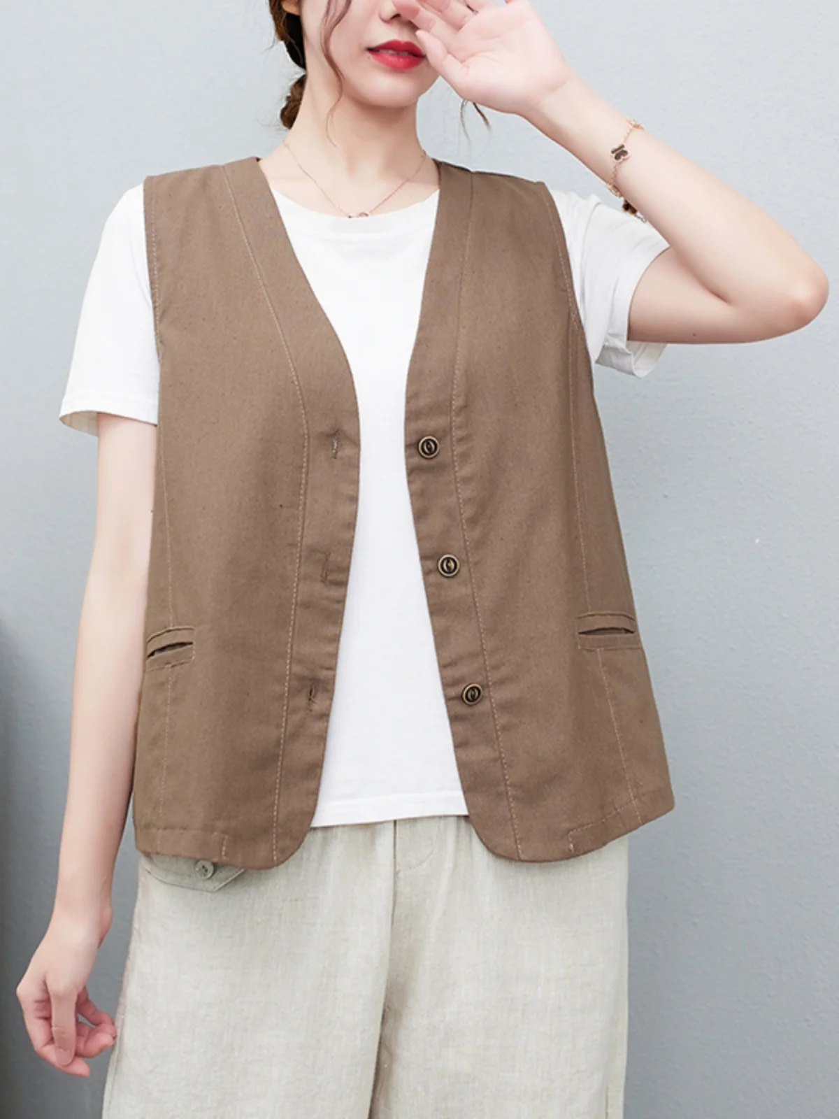 

Повседневный хлопково-льняной жилет, тонкая верхняя одежда с v-образным вырезом, удобный дышащий летний топ для женщин больших размеров