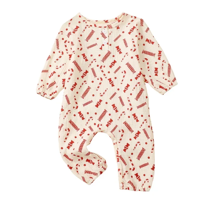 Baby Christmas Jumpsuit Long Sleeve Candy Cane Print Romper Outfit Newborn Xmas Clothes