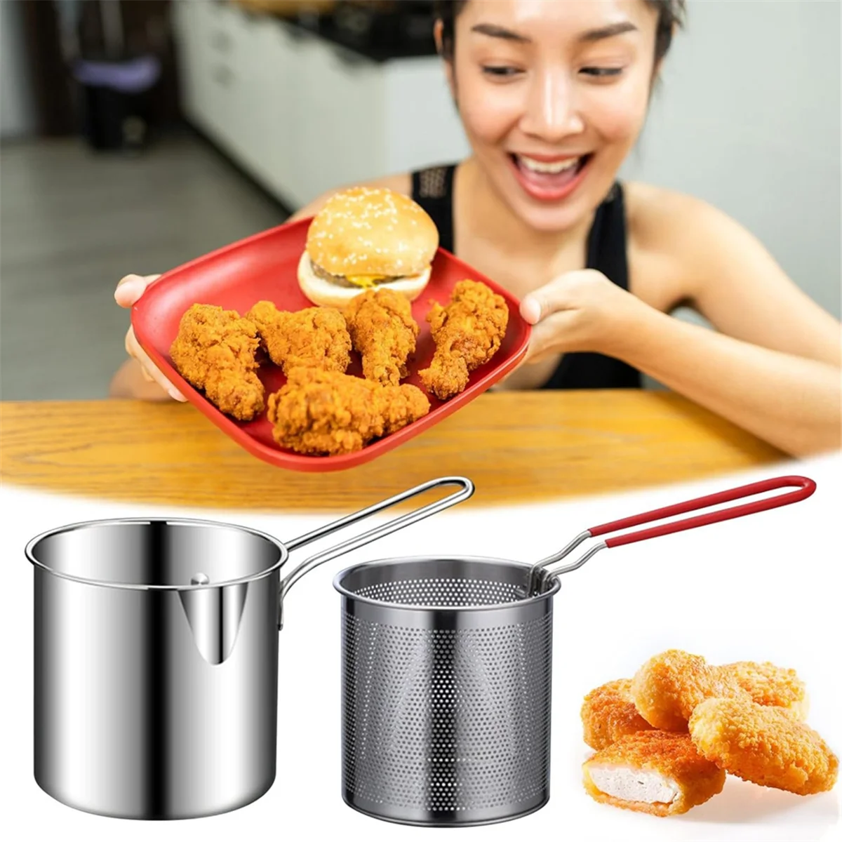 ステンレス製フライパン、バスケット付きディープフライヤー、魚、エビ、チキン、フライドポテト