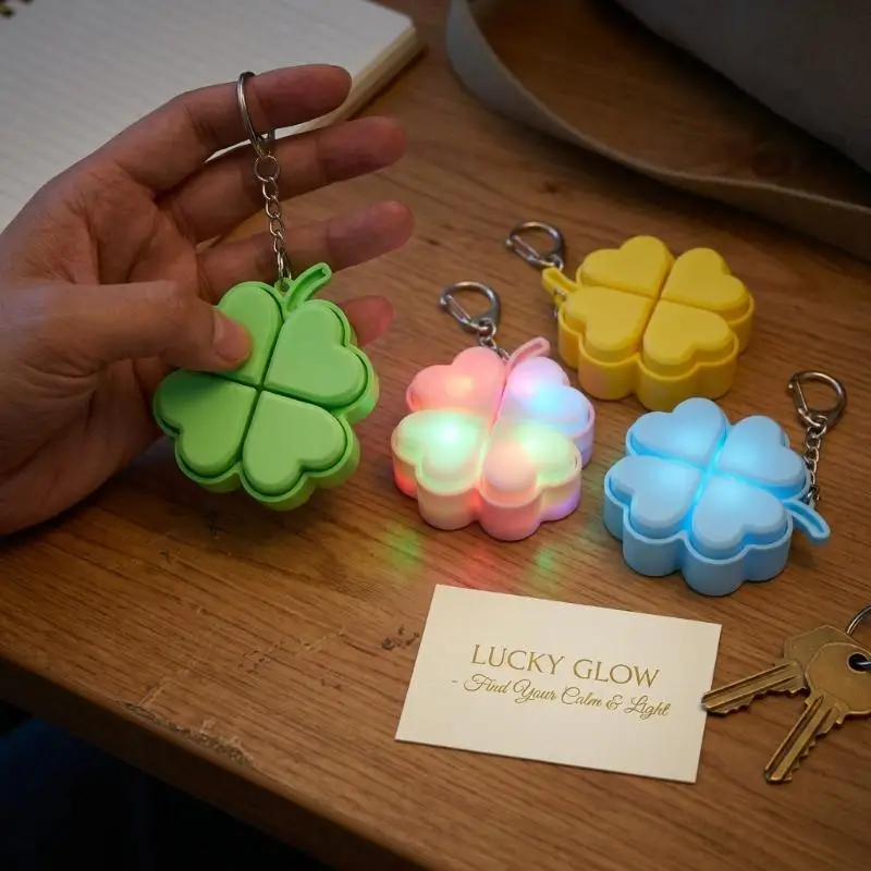 Lucky Four Leaf Clover LED Keychain Click Buttons Stress Relief Toy Backpack Pendant Party Gift Kids Adults Flash Light Decor