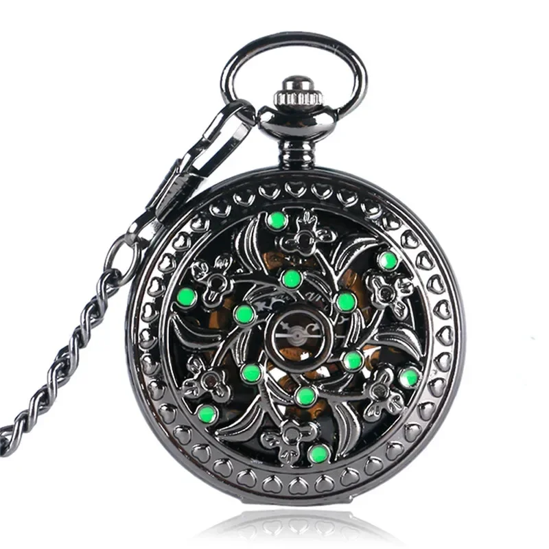 Antique Hollow Out Flower Case Men Women Skeleton Clock Handwind Mechanical Pocket Watch Arabic Number Dial Pendant Chain Gift