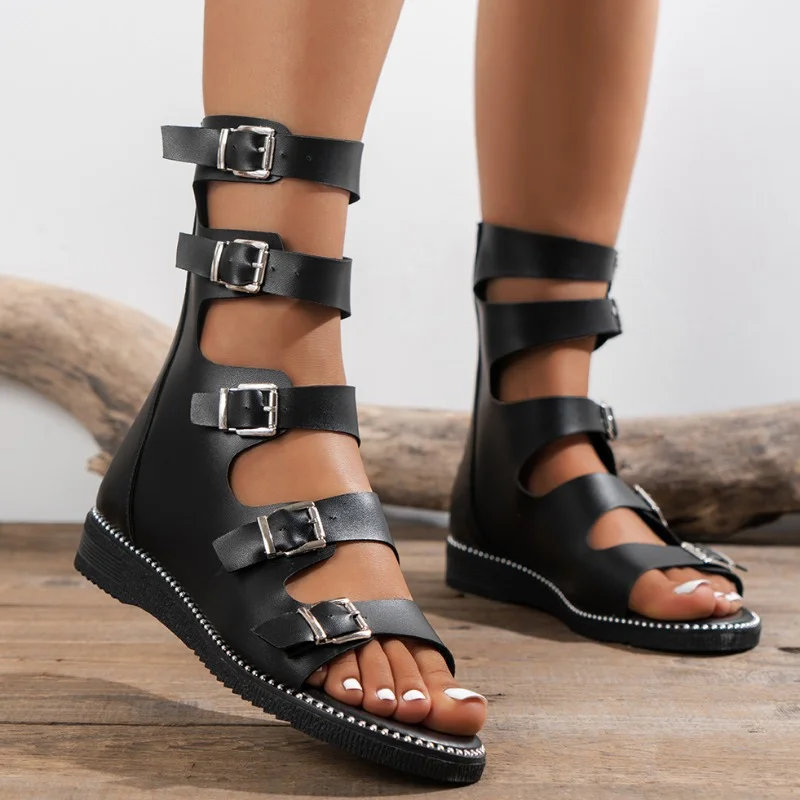 Sandalias de Punta abierta para mujer, zapatos de gladiador planos con cremallera trasera romana, informales para exteriores, novedad de verano