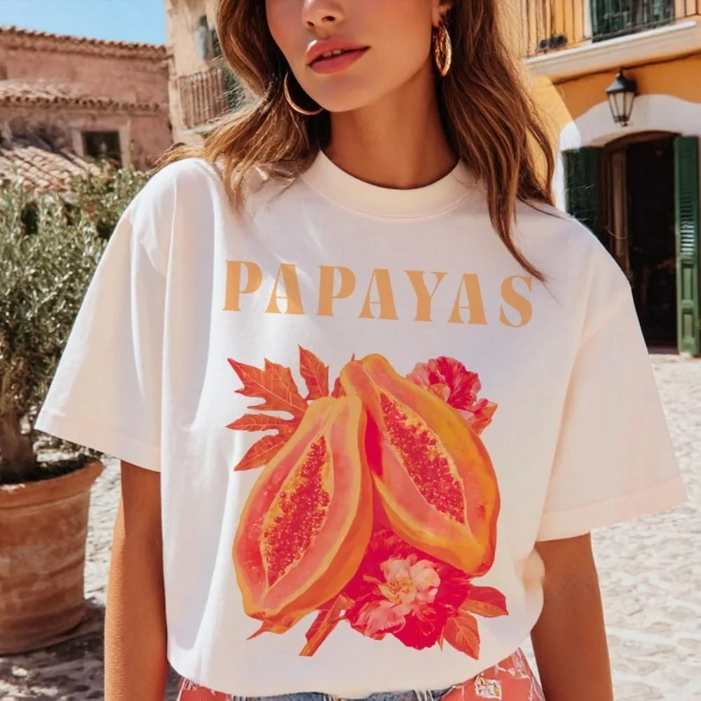 Exotic Botanical Graphic Tee Exotic Botanical Clothes Papaya Graphic Print Tees Color Print Design Casual Clothing for Women