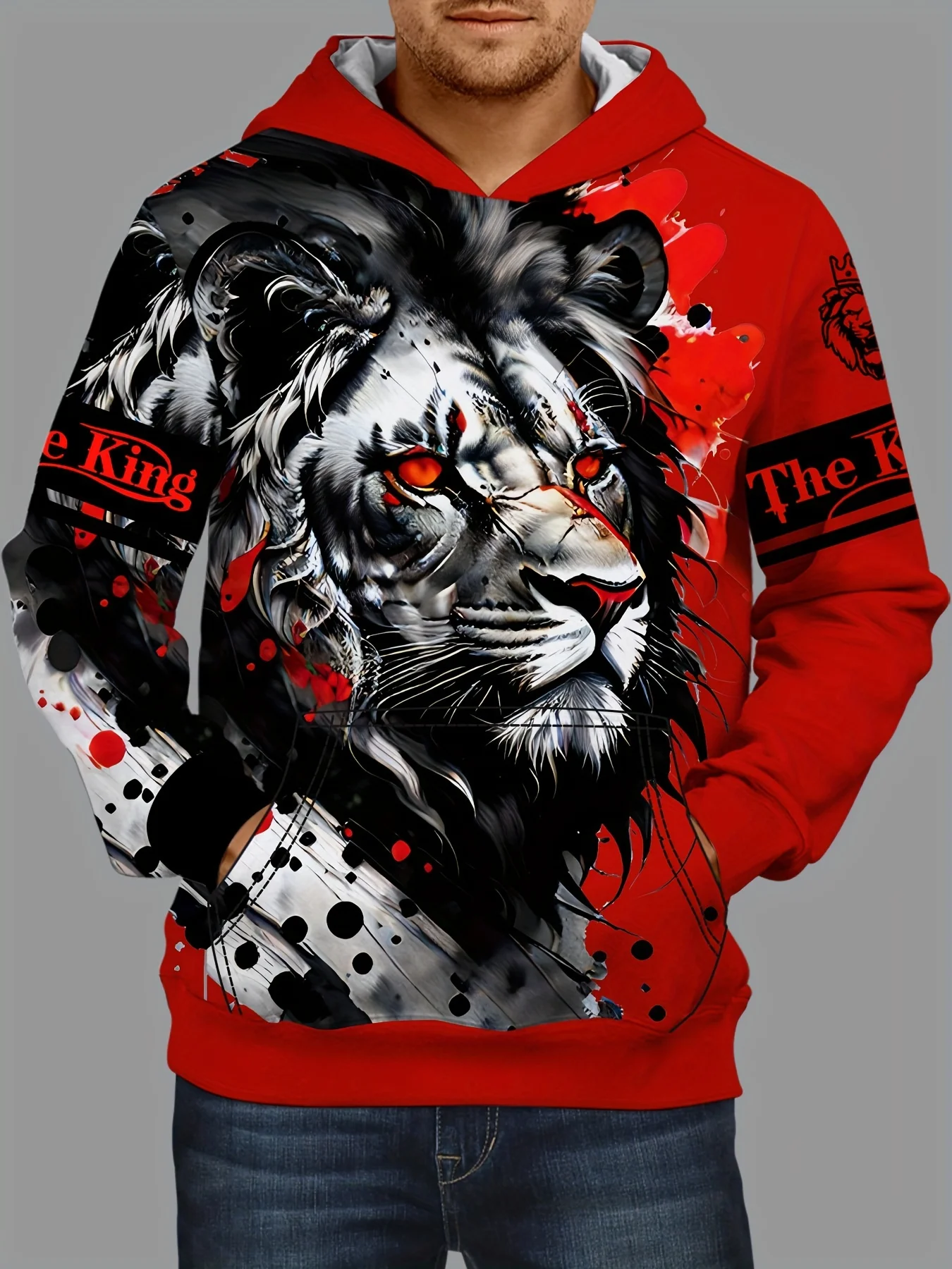 Толстовка с 3D-принтом Lion Graphic — мягкий удобный свободный крой, модный пуловер с капюшоном и карманом-кенгуру, осенняя мужская одежда для повседневного использования в Дай