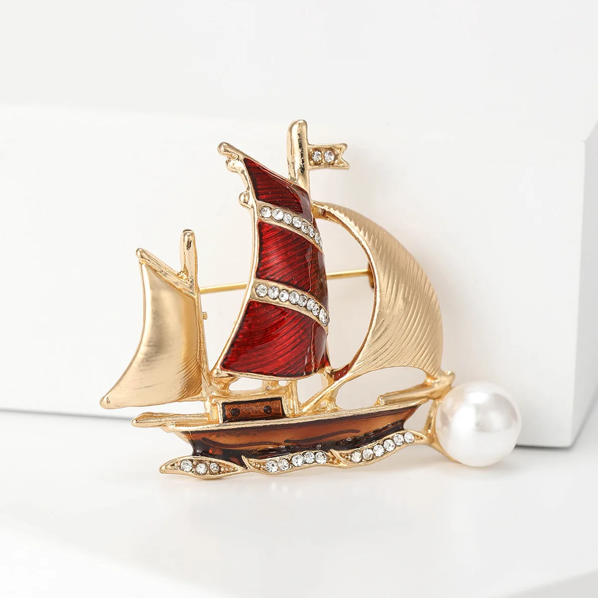 Exquisite Alloy Rhinestone Blue Sailboat Brooches For Women Men Elegant Luxury Pearl Boat Brooch Pins Office Party Jewelry Gifts image 4