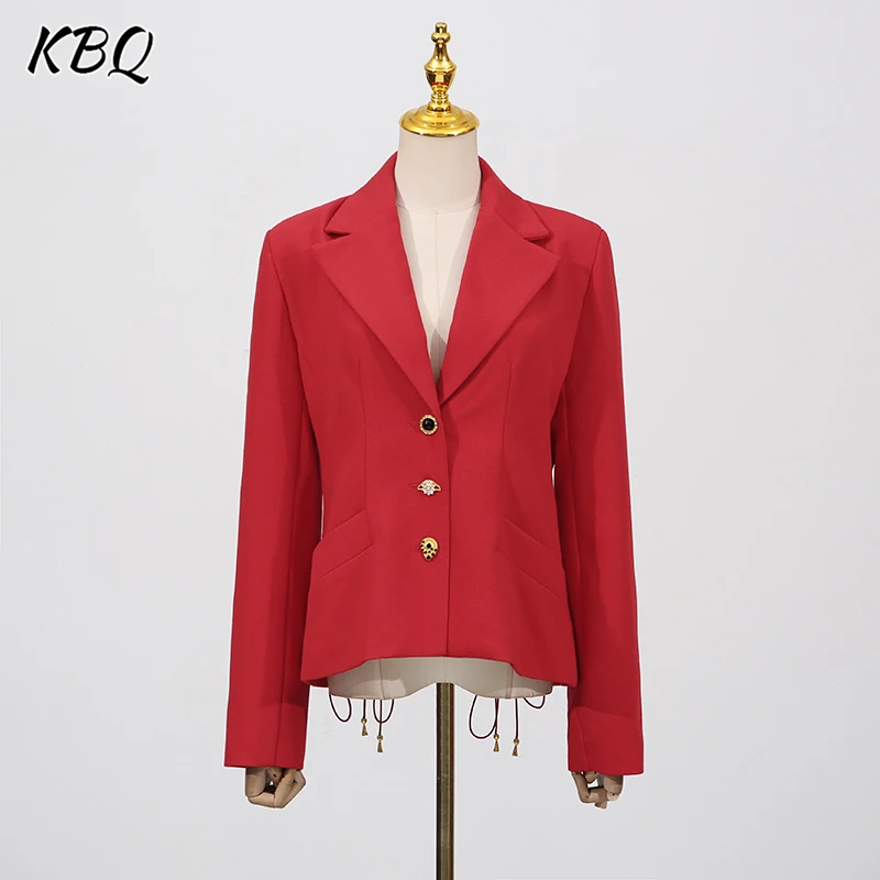 

KBQ Solid Spliced Lace Up Slimming Jackets for Women Lapel Long Sleeve Tunic Temperament Patchwork Button Blazer Female Fashion