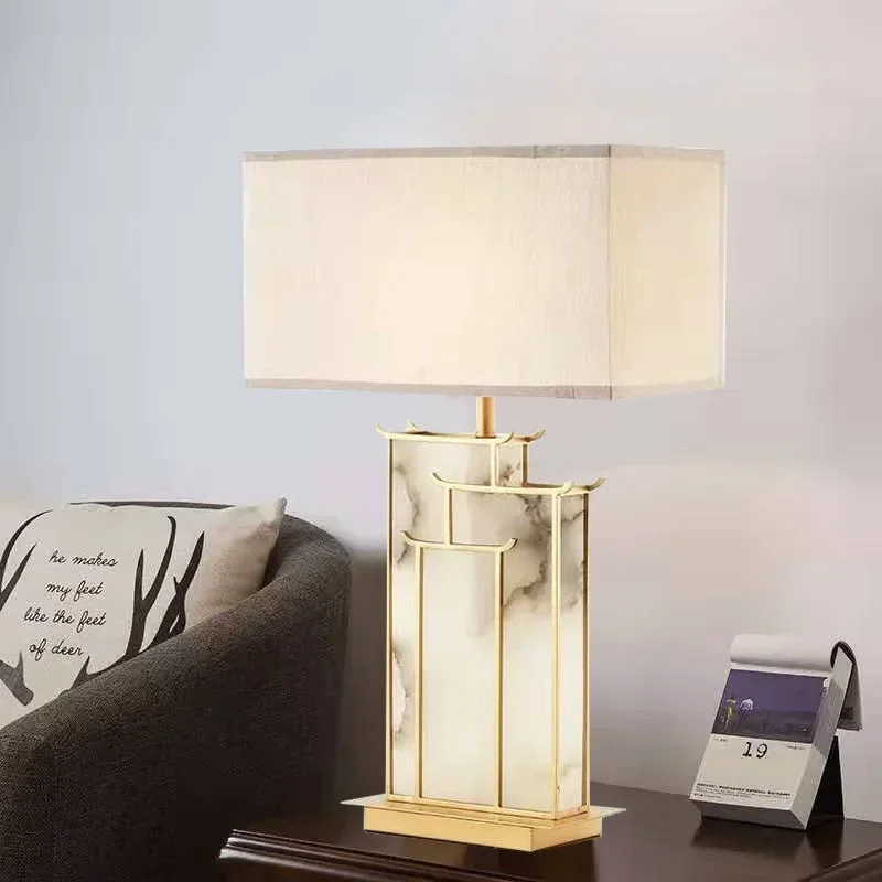 Neo-chinese Style Natural Marble Table Lamp Designer Simplicity Post-modern Hotel Villa Living Room Lamp Indoor Lighting FYTL