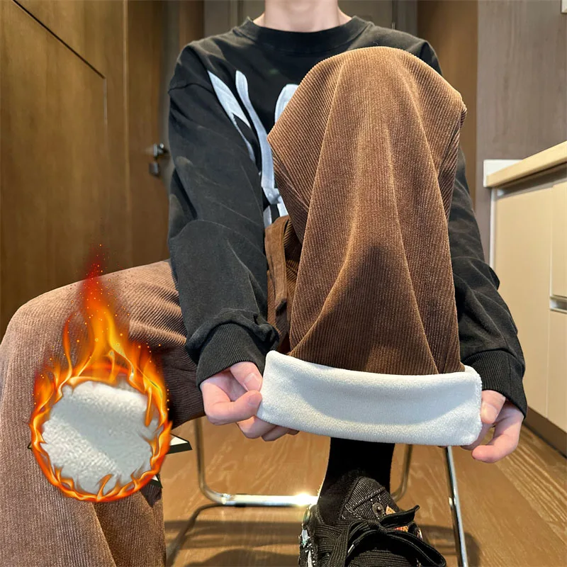 

Men's Winter Thick Corduroy Pants Fleece Warm Straight Tube Loose Young Fashion Pants Solid Color Retro High Street Daily Outfit