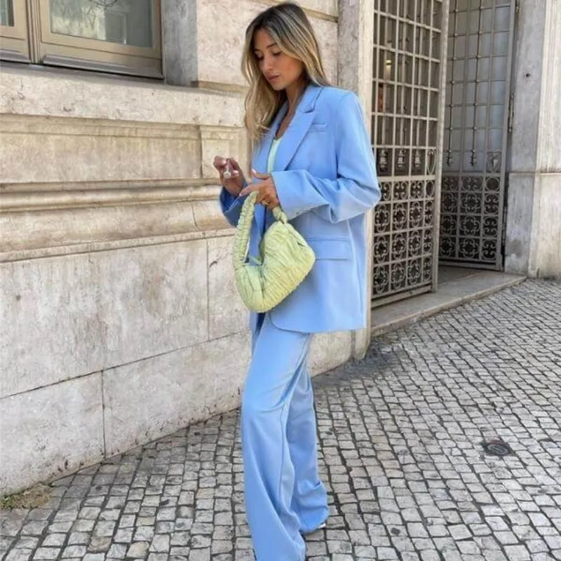 Imagem -04 - Fato Fino de Peito Único Feminino Terno Casual Azul de Negócio Blazer e Calças Lapela Adequado para Viagem Peças 2023