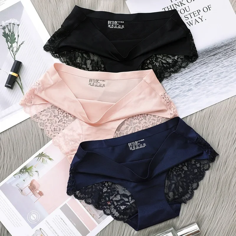 Sexy Lace Briefs For Women Mid Waist Stretchy Breathable Sleamless Ice Silk Intimates Panties Lingerie Female Underwear 5PCS/Set
