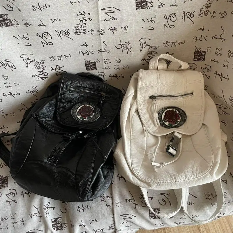 Women Grunge Backpack Large Capacity Motor Style Vintage School Bag for Students Y2k Fashion Backpacks White Rock Travel Bags