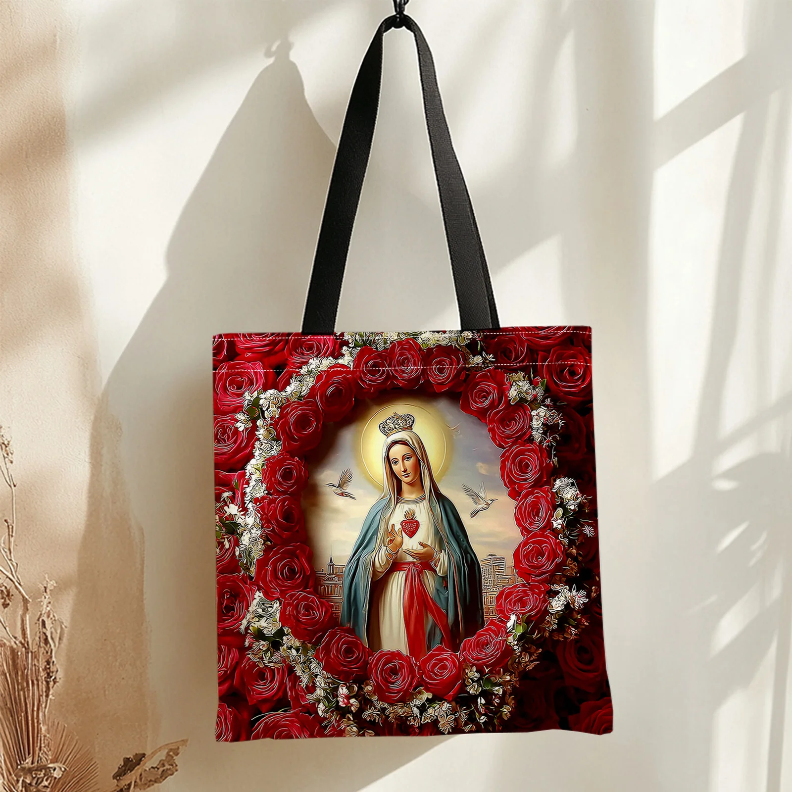 1pc Women' Religious Icon Bag with Immaculate Heart Marian Icon & Red Roses - Foldable Shoulder Purse for Commuting Travel Bag