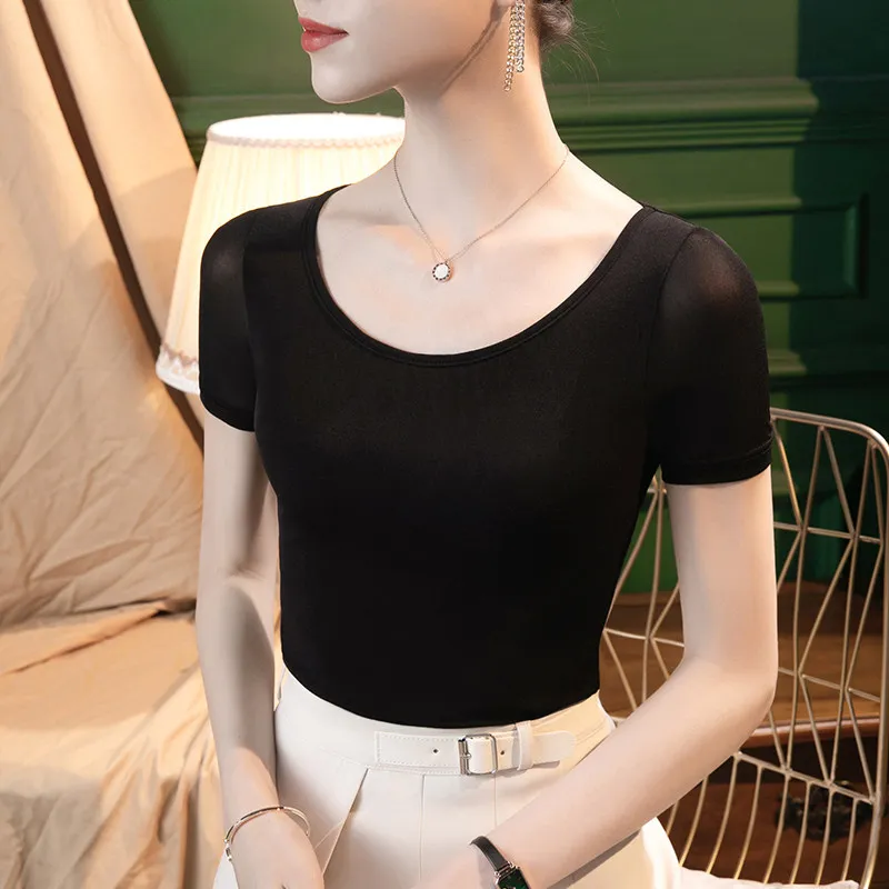 Summer Sexy round Neck Mesh T-Shirt Women's Short Sleeve Slim Fit Dance Base Shirt Black Top Fashionable Breathable Nylon Fabric