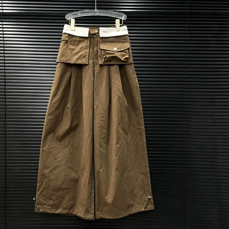 Casual Pocket Pants with Wide Leg Mid Waist No Stretch Japanese Korean Casual Women Pants Full Length Regular Thickness Autumn