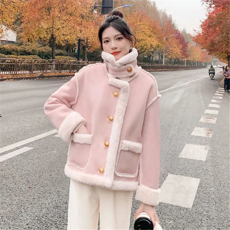 Autumn Winter Fur Integration Coat Women 2023 New Fur Collar Splicing Jacket Pure Colour  Single-Breasted Outerwear Female