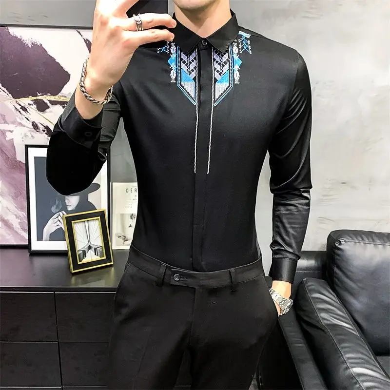 Embroidered Men's Shirt Long Sleeved Slim Fit Trendy Personalized Shirt Hairstylist Solid Color Slim Fit Shirt