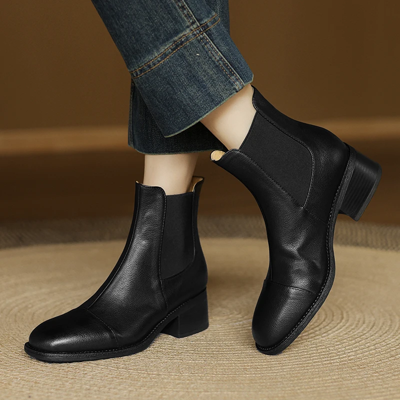 

Woman Chelsea Boots Thick Heeled Elastic Band Ladies Shoes Spring Autumn Vintage Ankle Boots Cowhide British Style Short Boots